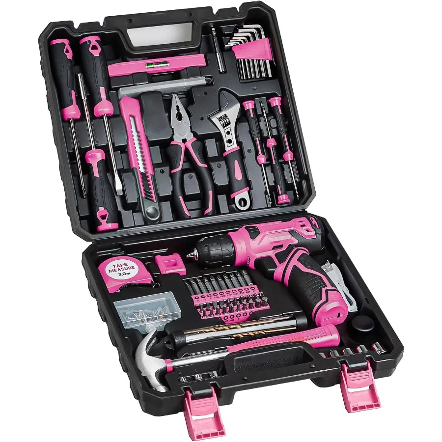 

8V Cordless Drill Kit with 132Piece Tool Set in Pink Color Compact Hand Drill for Home Repairs and DIY Projects Ideal for Homeo
