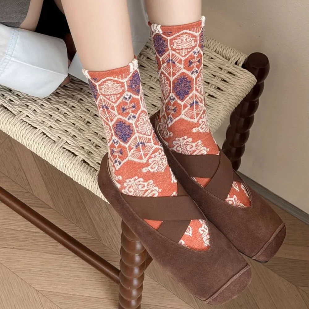 5 Pair Streetwear Accessories Women Socks Geometric Patterns Cute Long Socks Woman Middle Tube Sweet Flower Print Korean Style