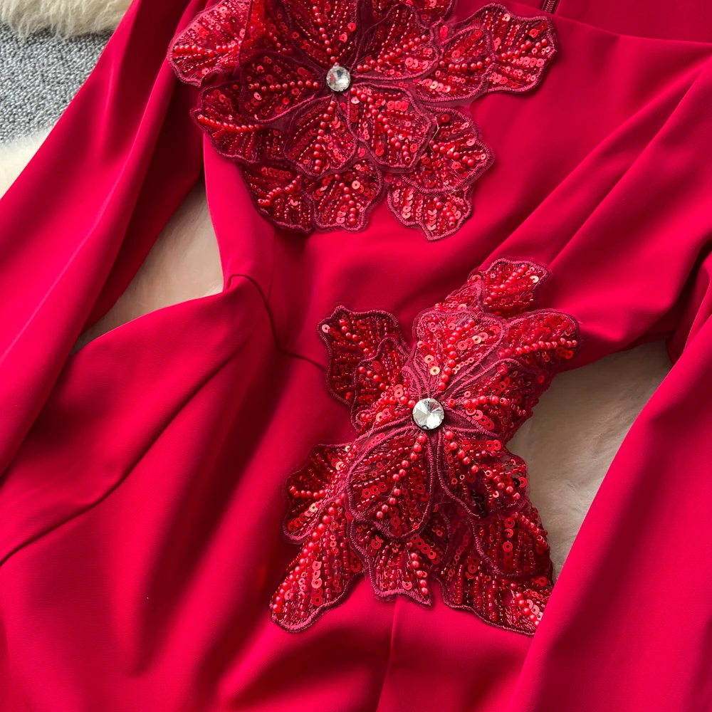 ชุดเดรสยาวปักลายสไตล์วินเทจเก๋ไก๋ แฟชั่นเกาหลี เสื้อผ้าผู้หญิงสำหรับฤดูใบไม้ร่วง ชุดสำหรับงานพิธี