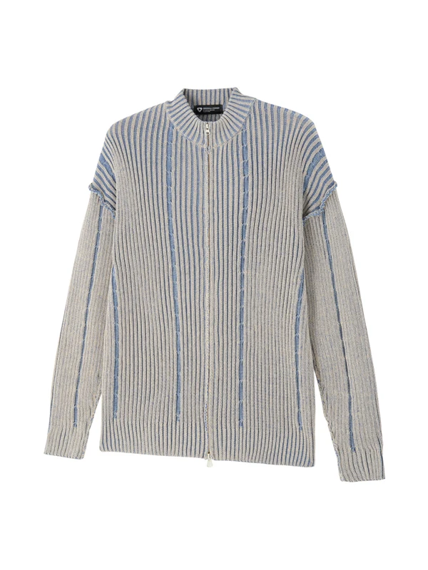 

Trendy American Sle Striped Color Blo Men's Knitwear Open Cardigan Sweater with Double Zipper Loose Fit Retro Outerwear