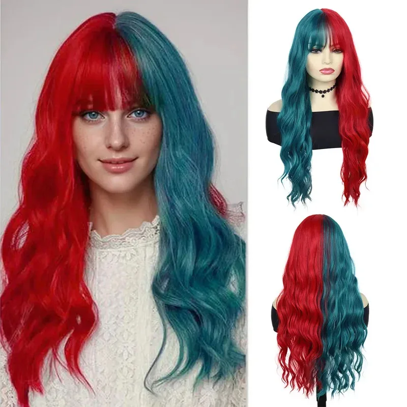 

Вьющиеся парики из синтетического волокна, женские красные, полусиние с челкой, волнистый длинный парик для косплея, костюм на Хэллоуин, вечерние mj:3