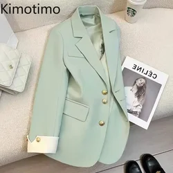 Kimotimo Blazer Women Autumn Winter Notched Collar Patchwork Long Sleeve Metal Button Jackets Korean Fashion Loose Tailored Coat