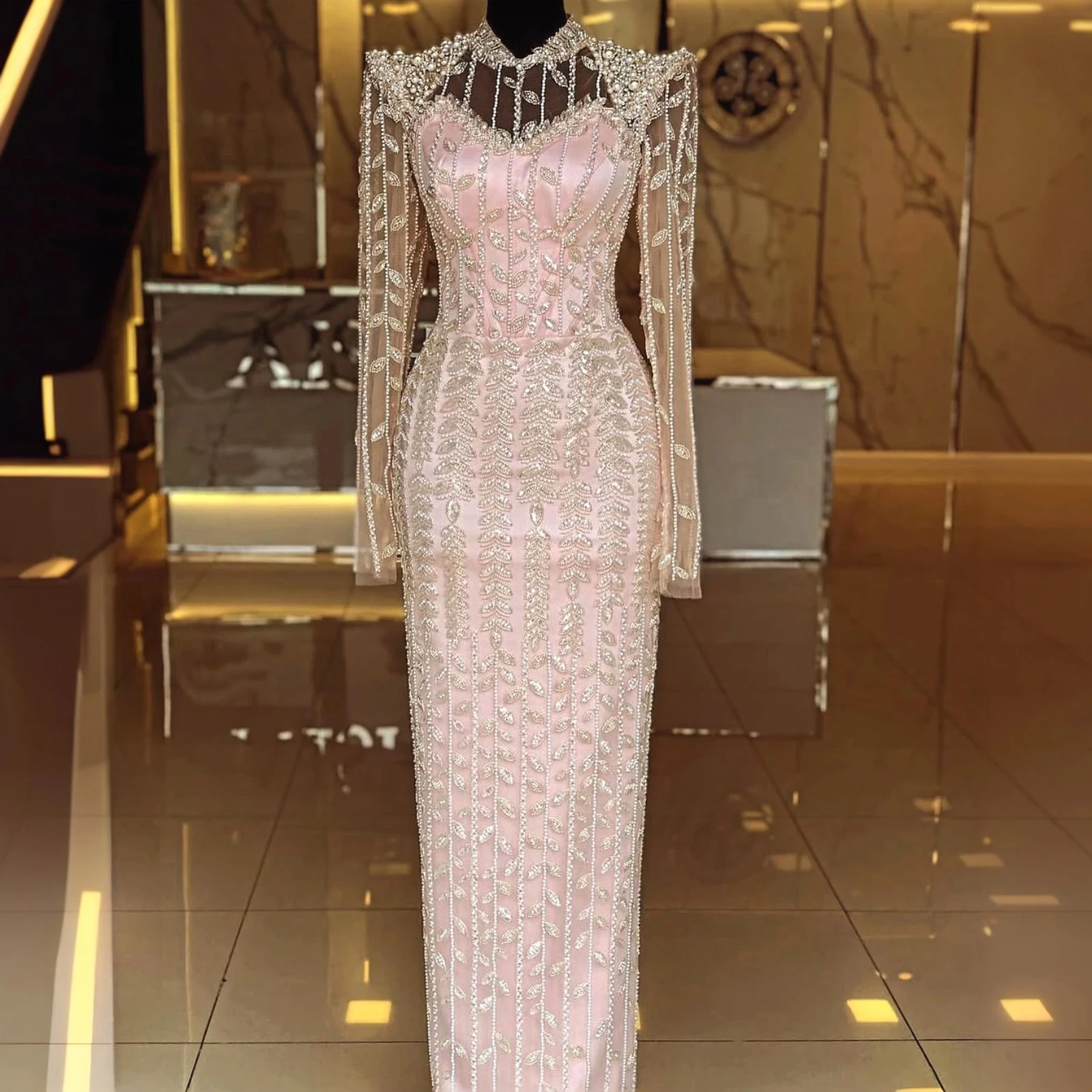 Zeemeermin avondjurk met parelkant lange mouwen lange baljurk Chinese stijl elegante dames lange jurk