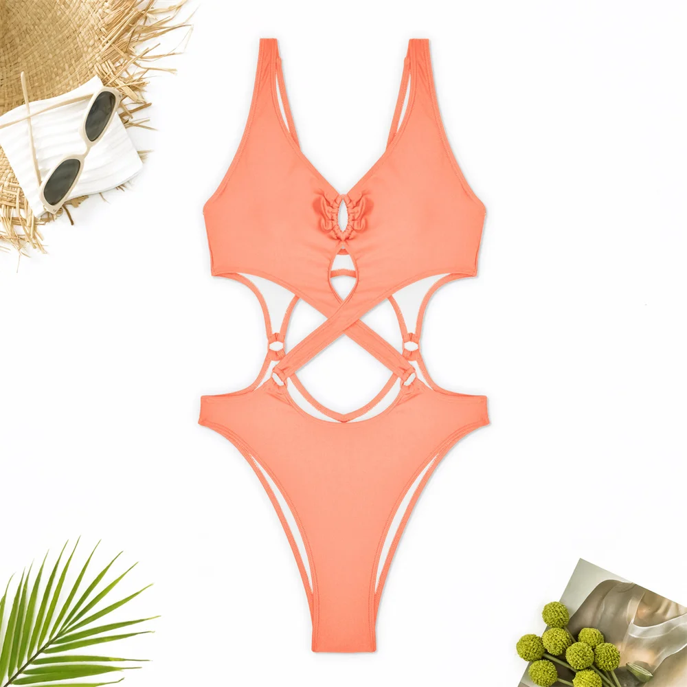 Sexy Cross Bandage Bikini Swimsuit Cut Out Monokini Push Up Swimwear Women One-Piece Beachwear Y2K Bathing Suit Vacation Outfits