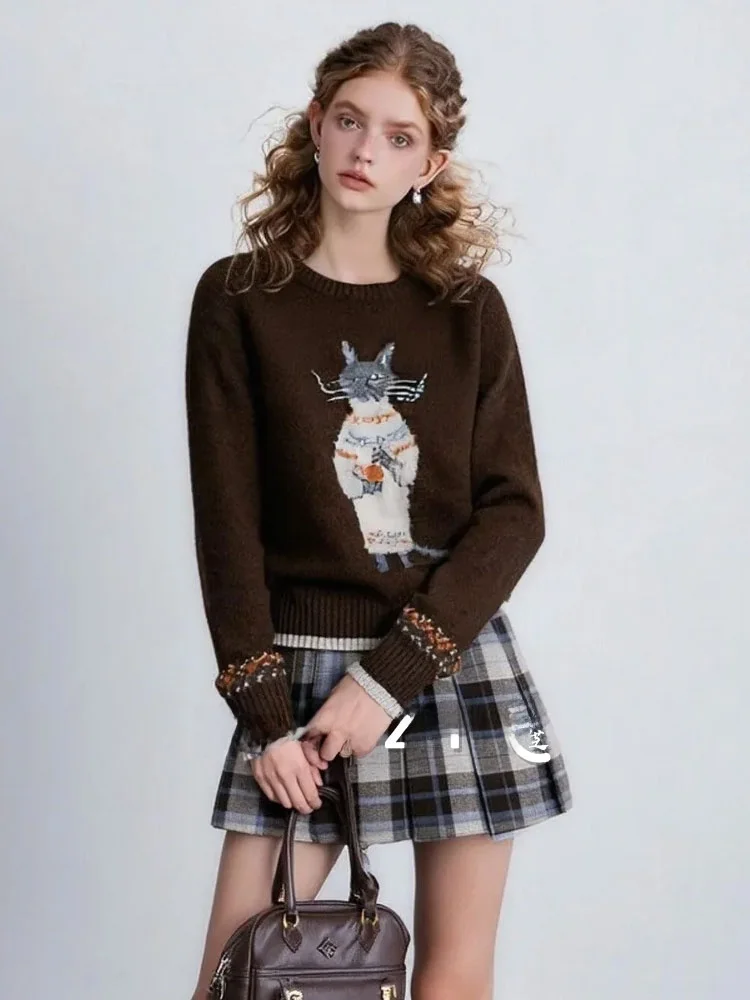 

Вязаный свитер ZhuoZhi Color Blo с узором, круглым вырезом и длинными рукавами, женский, модный, мягкий, во французском стиле, осенняя новинка