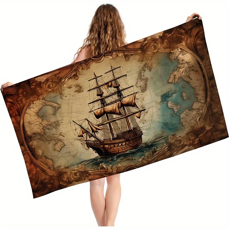 Beach Towel Vintage Map and Ship Printed Pattern Sun Protection Windproof Suitable for Pool Camping Travel Blanket
