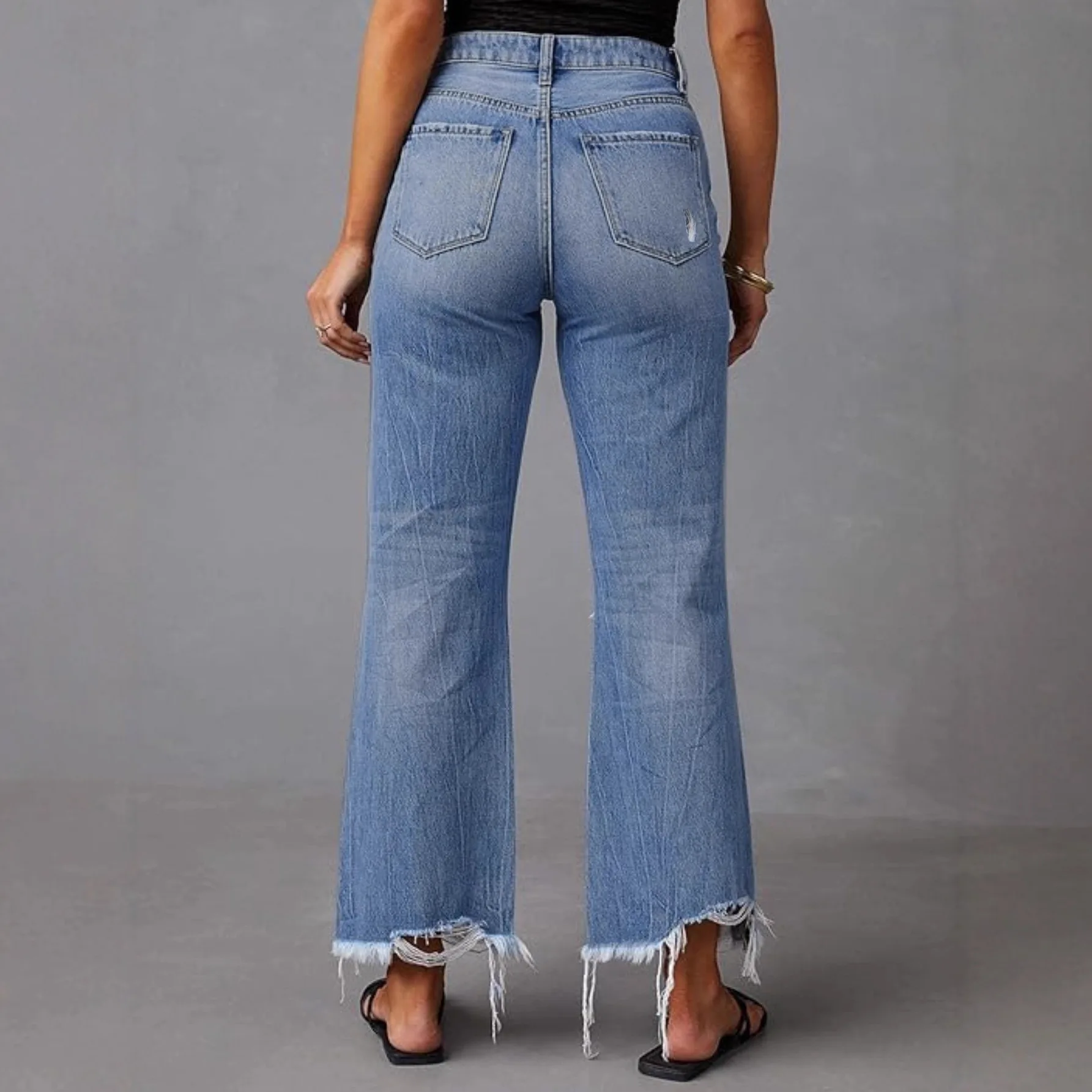 New Wide-leg Pants Fringed Washed Ripped High-waisted Jeans Straight-leg Pants Women