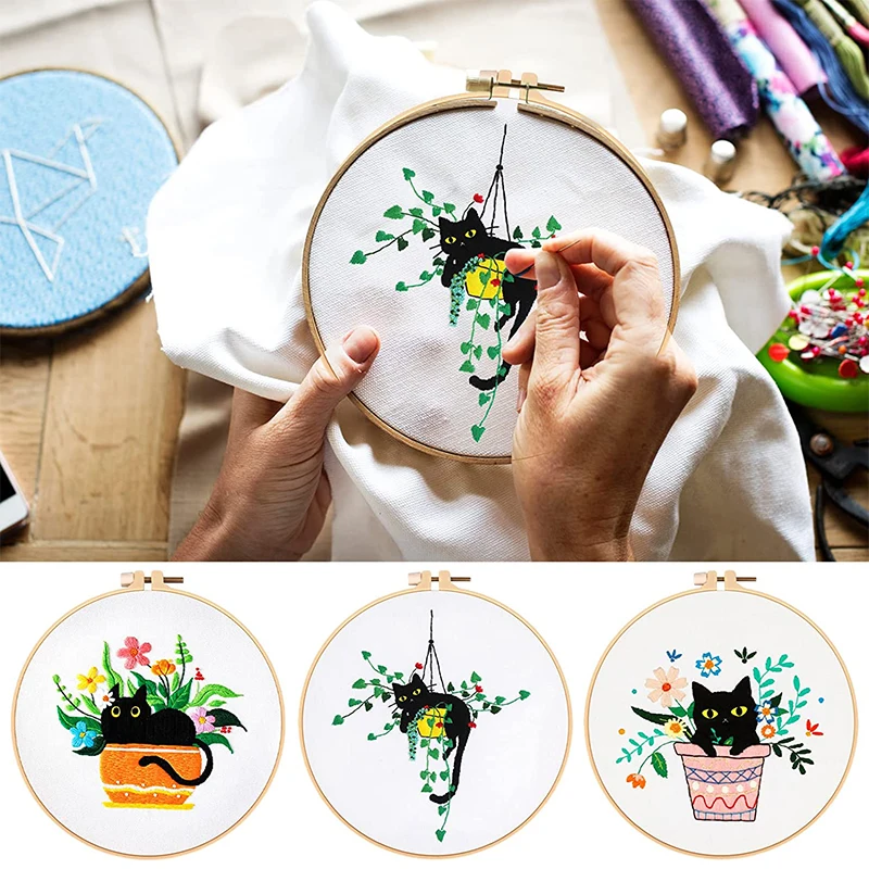 Cross Stitch Needlework Beginners Embroidery Set Flowers Plants Cat 5