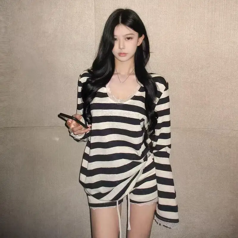 

Fashionable Temperament Girl Striped V-Neck T-Shirt Casual Wear Spring Summer New Home Suit Set Trendy Soft and Comfortables