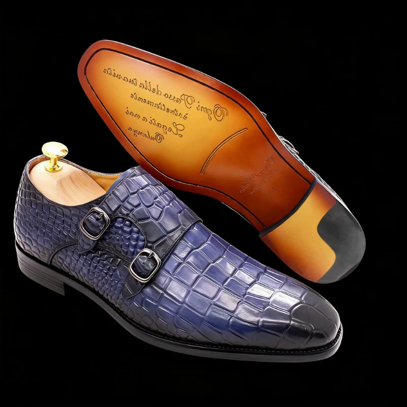 2026 Italian Handmade Genuine Leather Men's Shoes Business Double Button Crocodile Pattern Design Monk Formal Dress Shoes Men