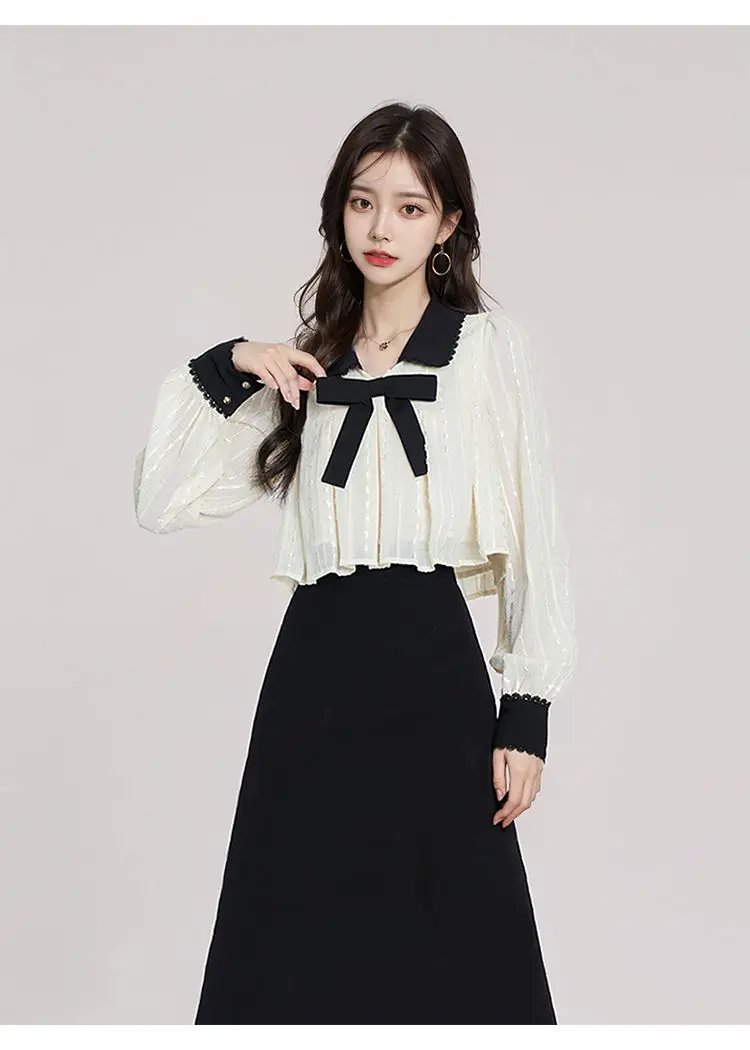 Korean Girl Group Two Piece Turndown Collar Bow Long Sleeve Shirt+High Waist A-Line Lace Edge Skirt Sweet Elegant Lady Clothing