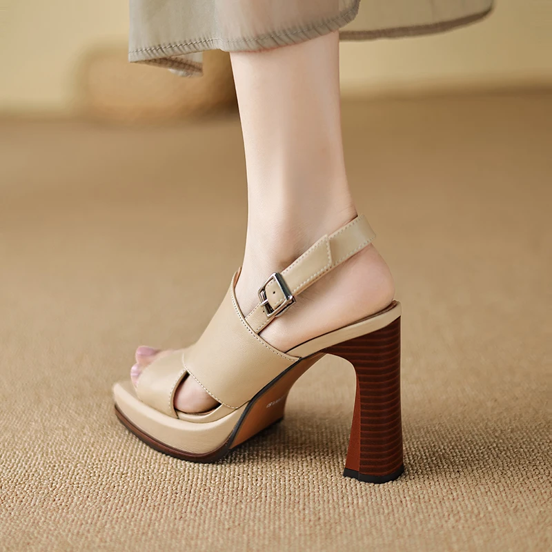【JOCHEBED HU】Handmade Genuine Leather Summer One-button Thick Open Toe Sexy Professional High Heels Temperament Female Sandals