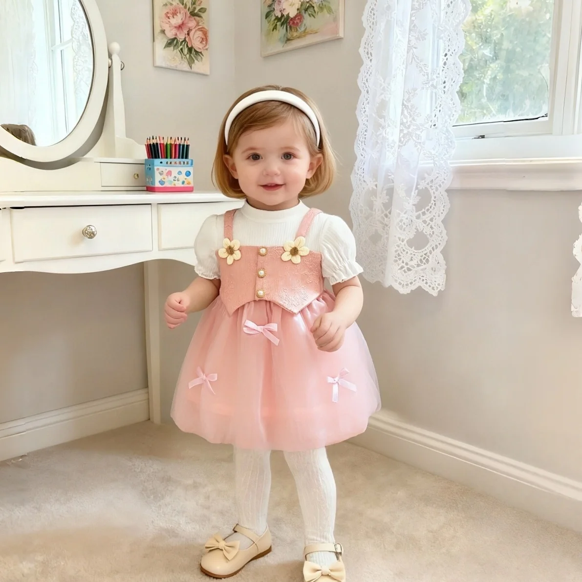 

Новое летнее платье с короткими рукавами для маленьких девочек, милое сетчатое праздничное платье принцессы для маленьких девочек (9 месяцев до 3 лет)