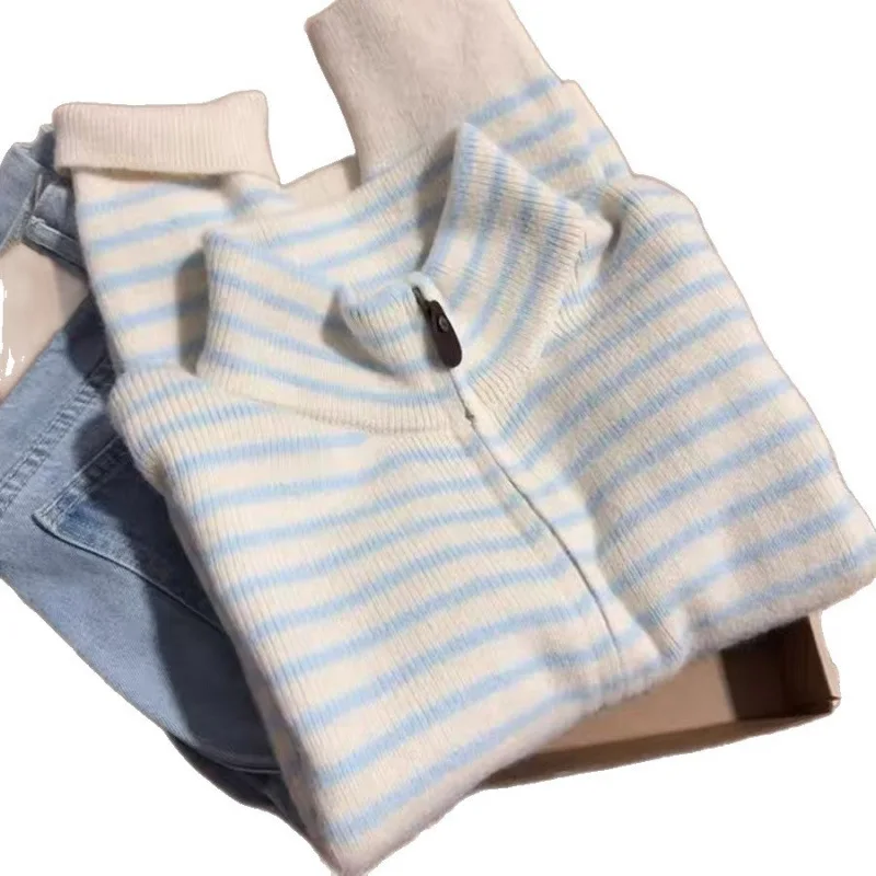 Design Sense Contrasterende kleur gestreept gebreid vest 2025, herfst en winter, nieuw sweaterjack met opstaande hals en ritssluiting
