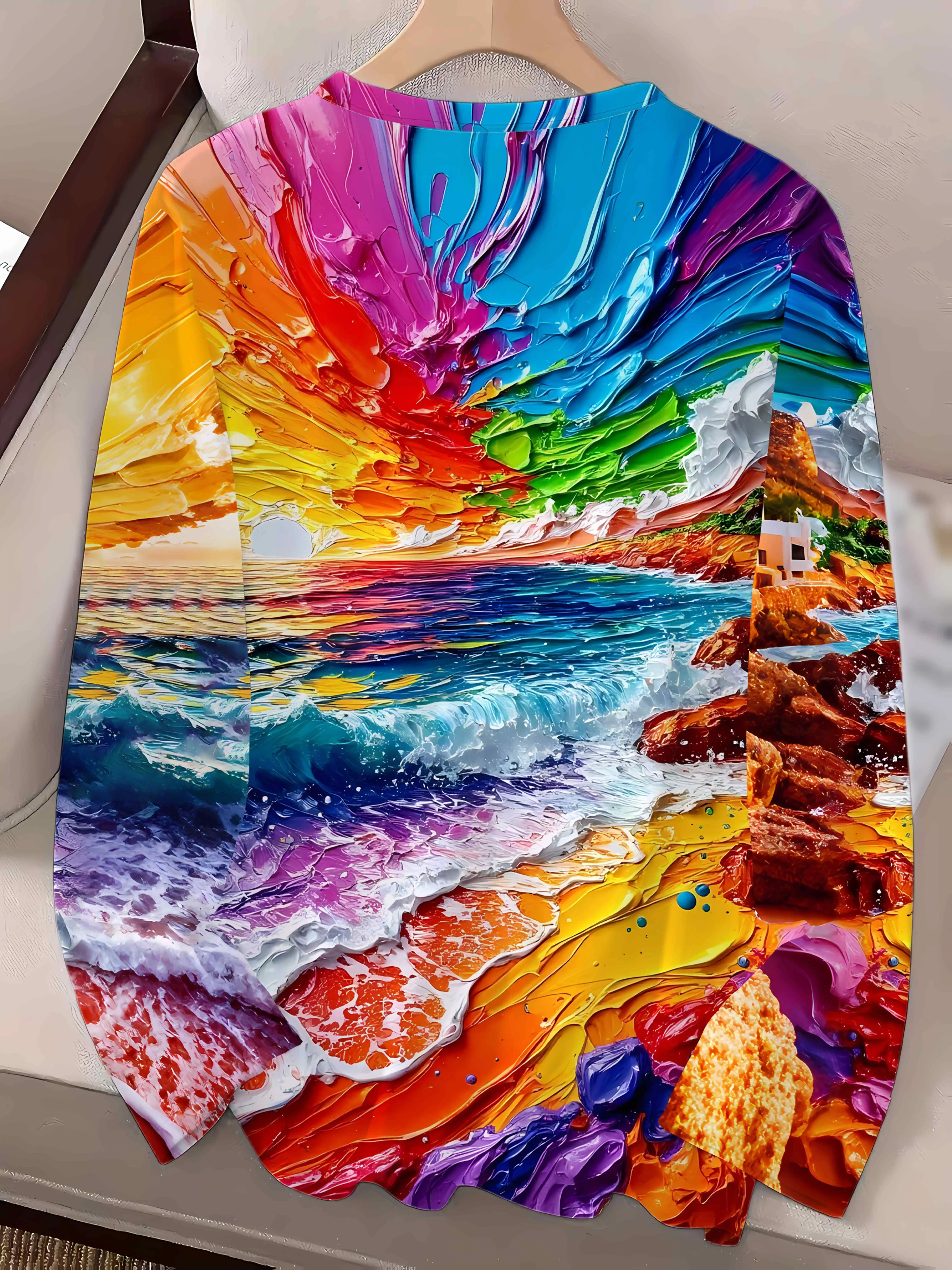 Women's Oil Painting Print Sweatshirt Colorful Seascape Sunset Ocean Wave Long Sleeve Crew Neck Casual Pullover Artistic Top - view 4