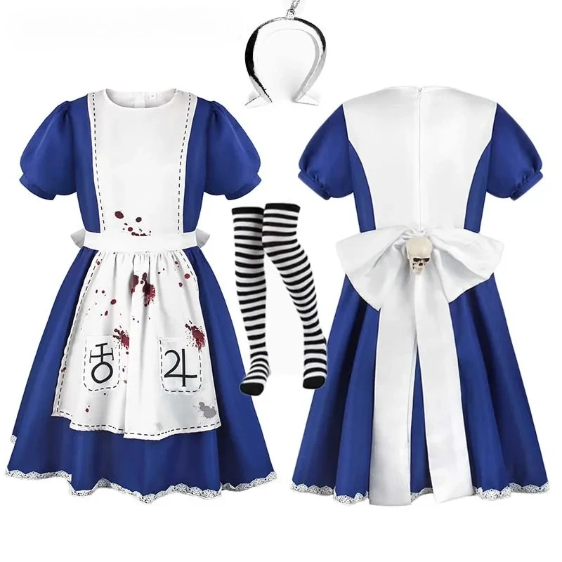 Damen Anime Alice Cosplay Kostüm mit Halskette Alice Kleid Dienstmädchen Schürze für Halloween Spiel Madness Returns Theme Mädchen Outfit