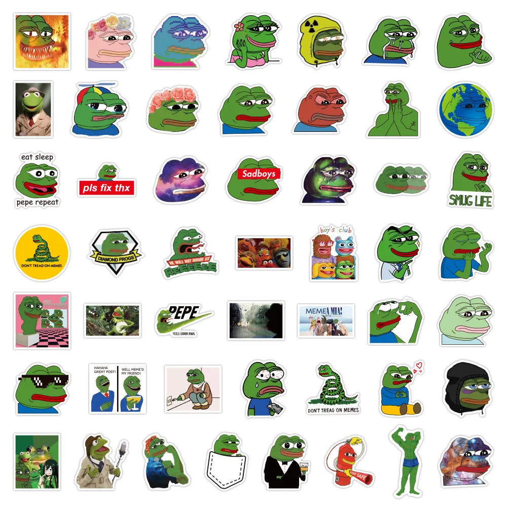 50PCS Spoof Pepe Sad Frog Cartoon Graffiti Stickers For Laptop Refrigerator Motorcycle Journal Skateboard Phone Sticker Kid Toys