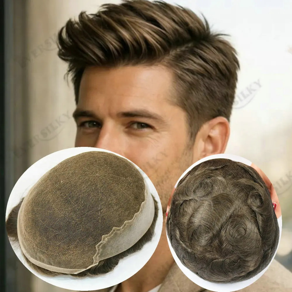 

Natural Bleached Knot Q6 Swiss Lace Front Men's Toupee Dark Blonde Grey Black Human Hair Replacement System Prosthesis Hairpiece