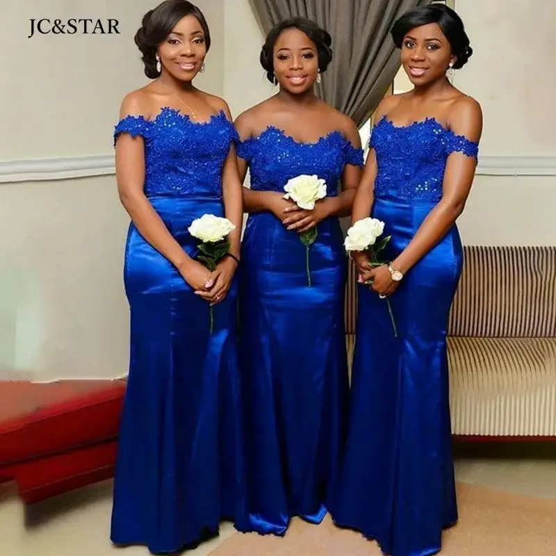 

Royal Blue Bridesmaid Dresses with Sleeves Off The Shoulders Lace Silk Satin Sexy Mermaid Elegant Vestid Women for Wedding Party
