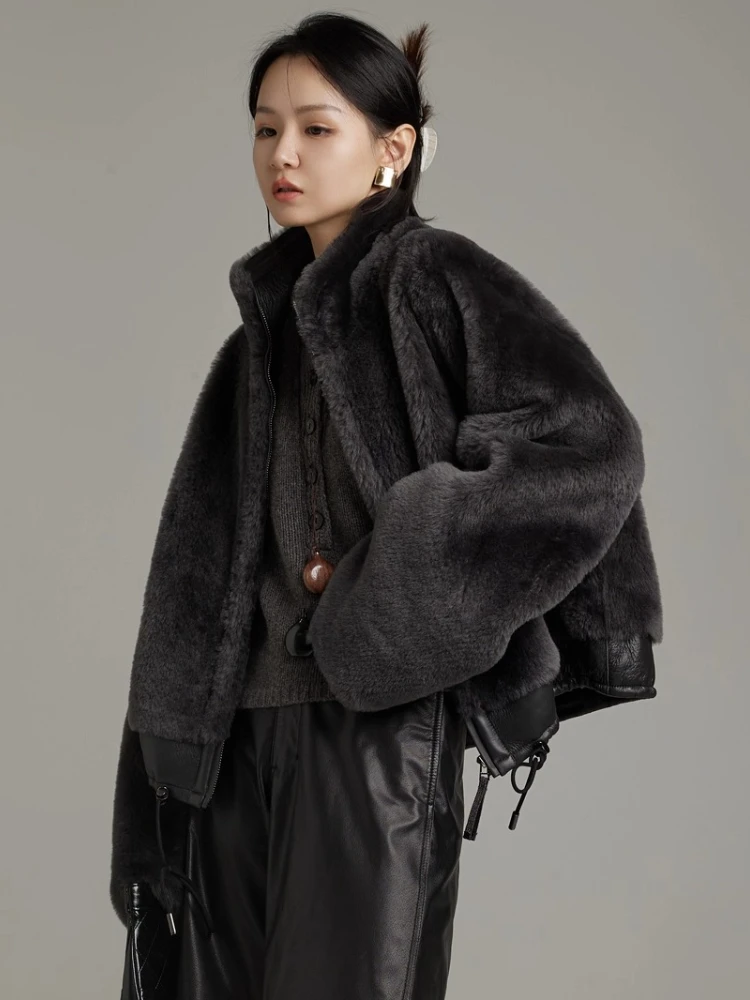 High-end Luxury Merino Sheep Fur Plush Jackets for Women Simple Stand Collar Casual Short Winter Genuine Leather Real Fur Coat