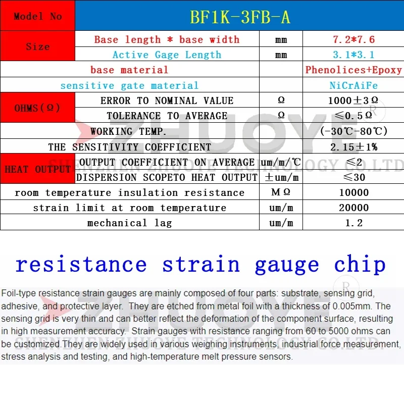 10pcs STRAIN GAUGES BF1K-3FB-A Weighing Sensor Foil Type Strain Gauge Half Bridge Type   High-precision 1000 Ohm  Resistance