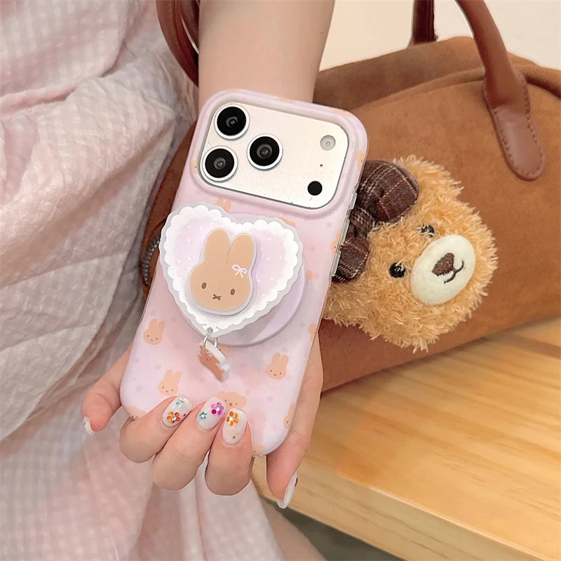 

Kawaii Bunny Bear Print Pink Phone Case With Heart For iPhone 15 16 17 Pro Max INS Sweet Kawaii Style Shockproof Cover