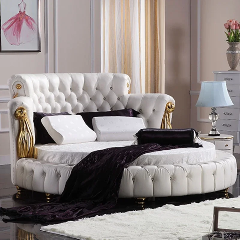 New Light Luxury Master Bedroom Wedding Romantic Home Genuine Leather Round BedDeluxe and Grand Hotel Round