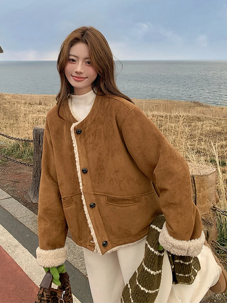 Korean Sle Anti-Aging Lamb Fur Jaet Women's ort Autumn Winter New Small Size Fce Lined Thi Warm Top Casual Loose Fit