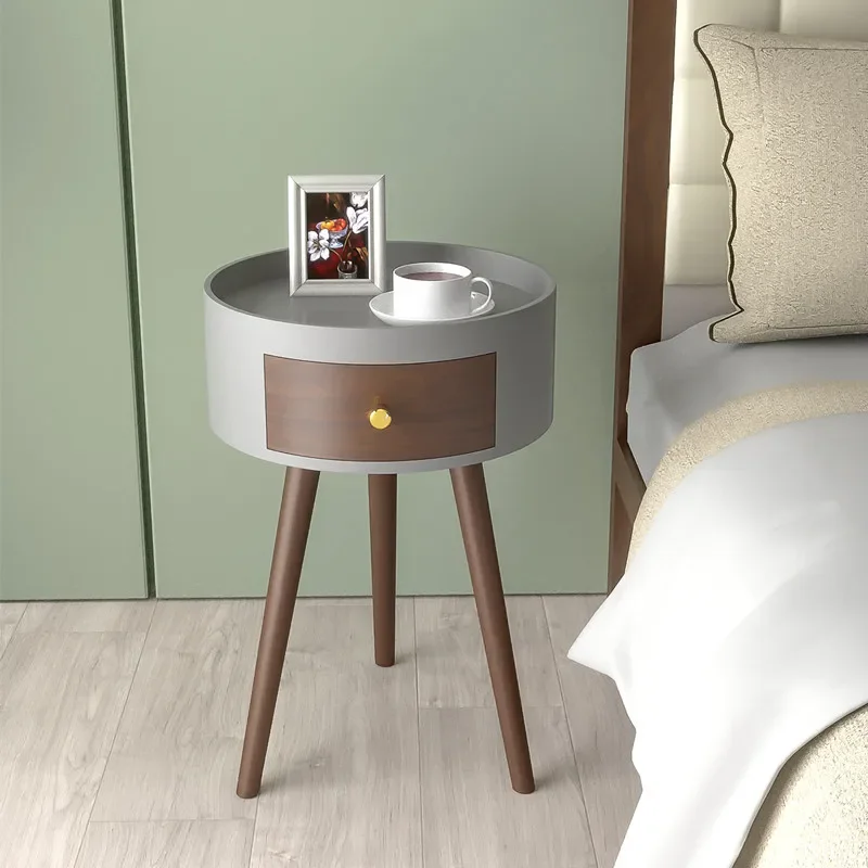 Nordic Style Nightstand, 3 Legs Wooden Bedside Table, Light Luxury Round Desk, Small Bedroom Coffee Lockers, Side Table