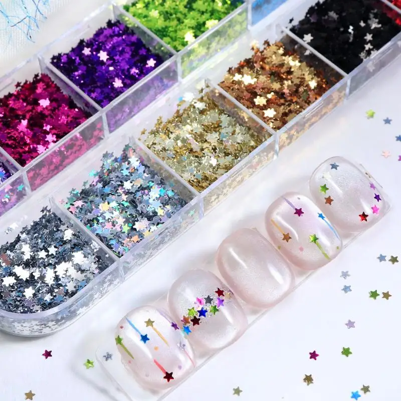 【12 grilles de paillettes 3D mini étoiles pour ongles, 2 mm, holographiques, en forme de cœur et pentagramme, scintillantes, pour décorations d'ongles】