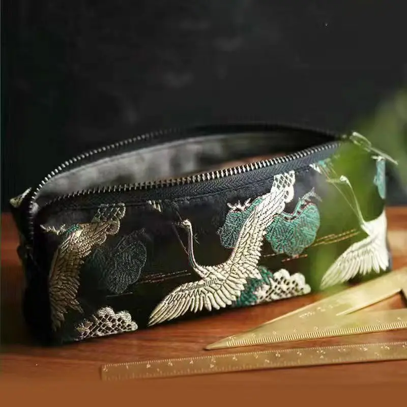 

Japanese Retro Knitted Embroidery Pencil Case Pencil Pouch Stationery Bag silk brocade Crane Makeup brush Case Cosmetics Bag