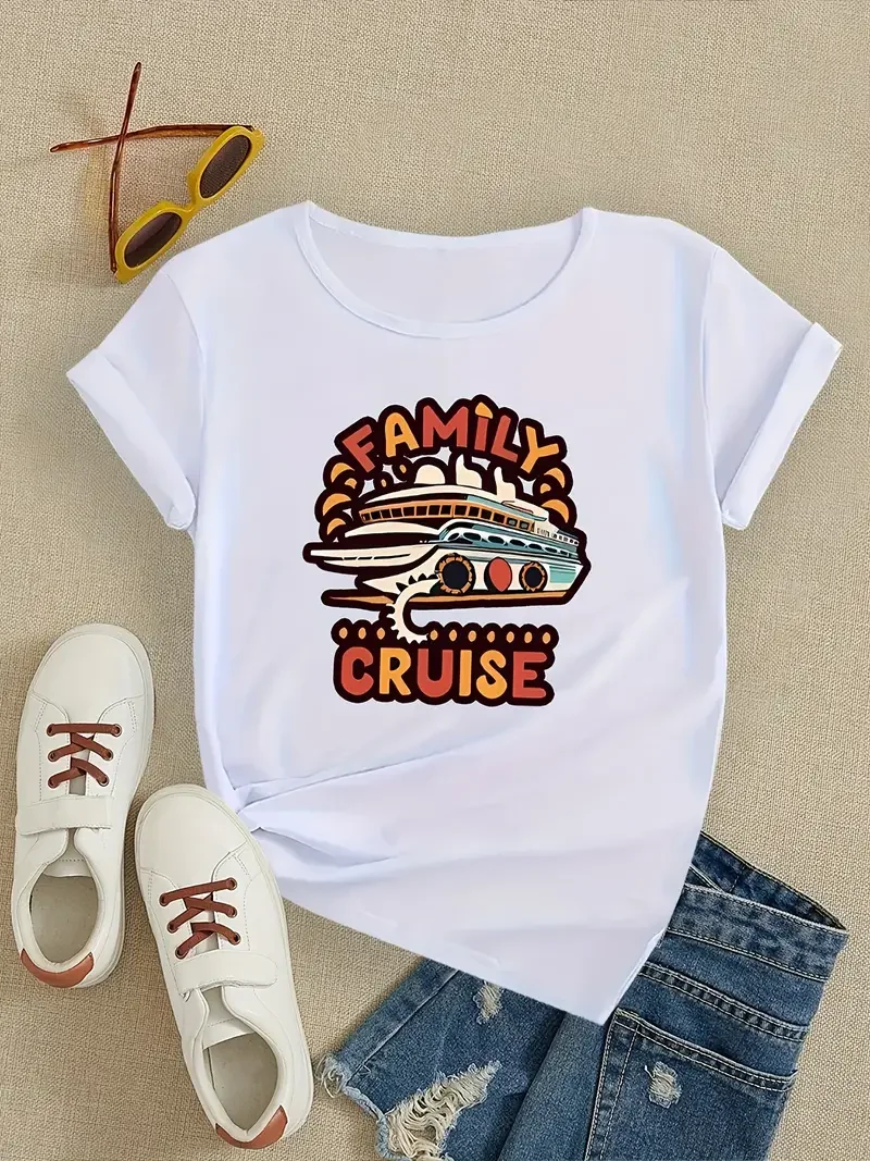 Family Cruise Party	Print Short Sleeved Casual Women T-shirt Round Neck Women Graphical Female Summer T shirt Clothing Tee Tops