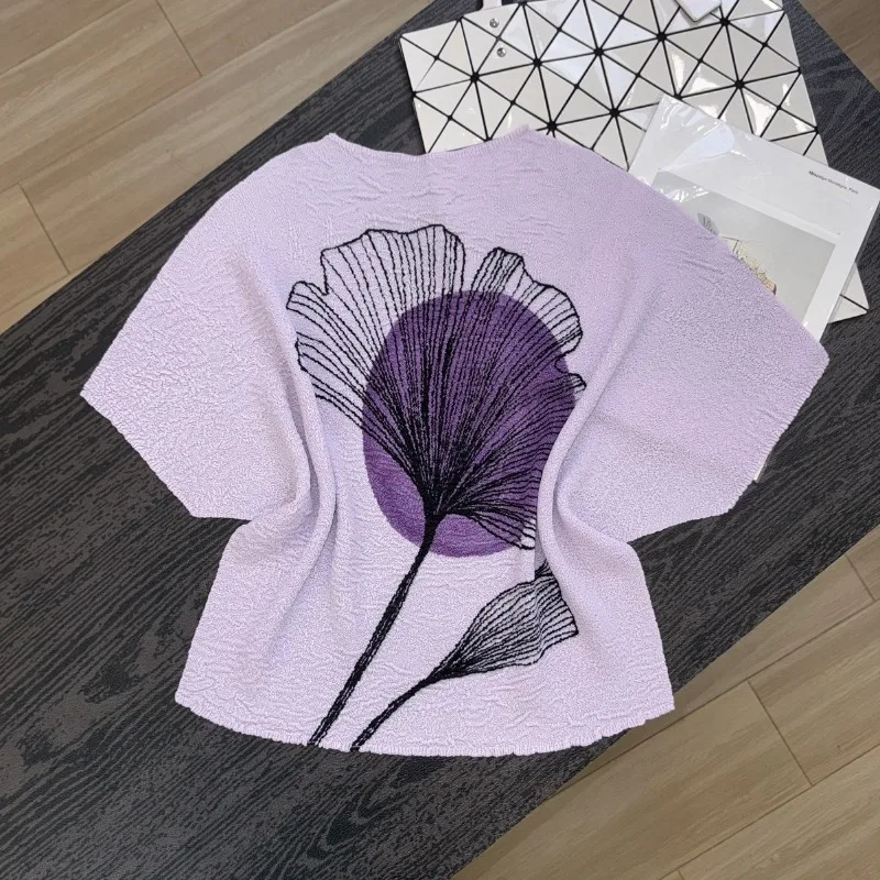 Miyake Pleated Print T-Shirt Plisse Women New Summer Style Textured Pleats Minimalist Style Elegant Loose Short Sleeve T-Shirt