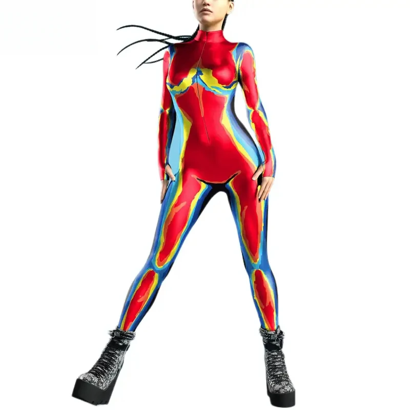 

Красочное боди зентай с рукавами для большого пальца, костюм для косплея, комбинезон на молнии спереди, фестивальный наряд Burning Man для женщин