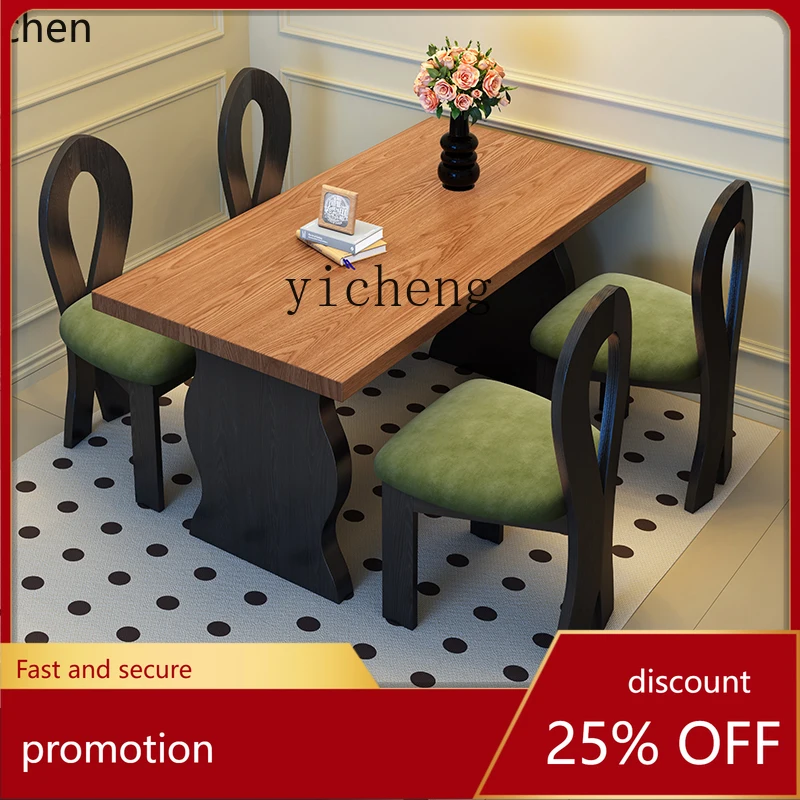 

HXL solid wood dining table and chairs, one table and four chairs, household retro medieval large board table