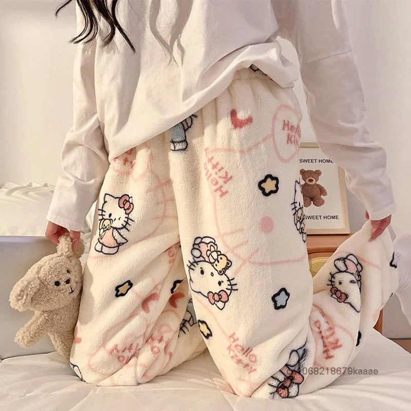 Sanrio Hello Kitty Cartoon Winter New Women\'s Coral Fleece Pajama Pants Sweet Y2k Girl Style Fashion Thickened Warmth Home Pants