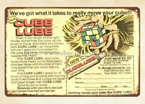 1982 ad for Cube Lube metal tin sign home garden wall hanging