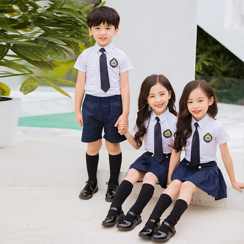 Abiti da scuola blu Navy per ragazze bambini estate scuola materna uniforme della scuola primaria per ragazzi gilet camicia pantaloncini 5 pezzi Set vestiti