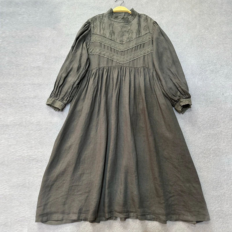 Johnature Japanese Mori Women Linen Embroidered Dress 2024 Autumn New Vintage French Puff Sleeves Lace Collar Autumn Long Dress