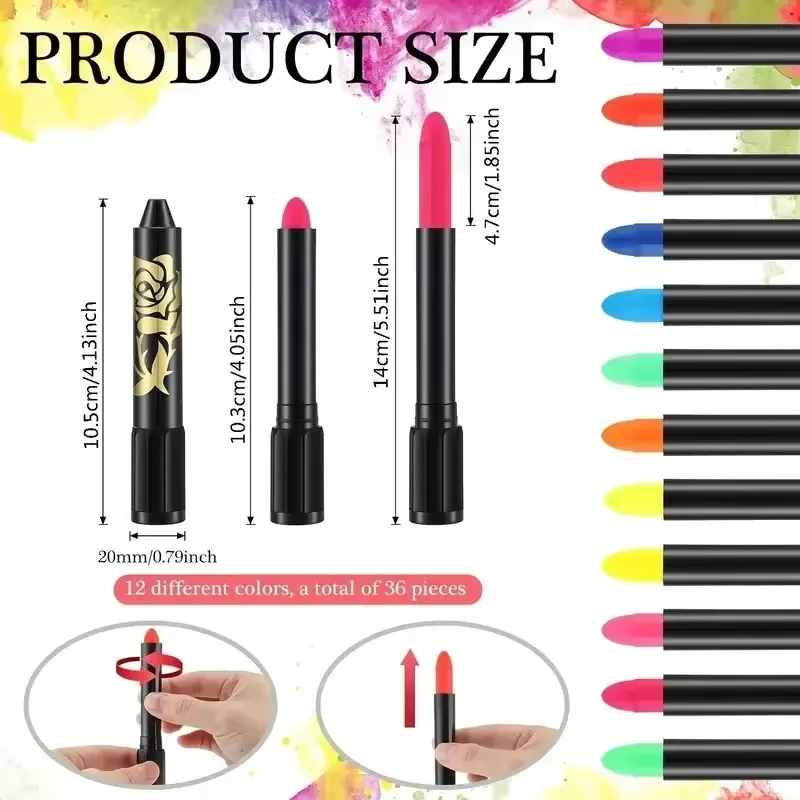 12-pakowy zestaw neonowych farb do twarzy świecących w ciemności, zmywalnych kredek do makijażu dla dzieci i dorosłych