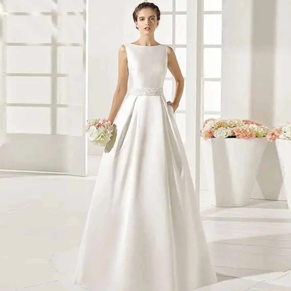 

Retro Church Wedding Dresses Satin A-line Hall Wedding Dress Ivory Boat Neck Belt Pocket Buttons Wedding Dresses for Party Long