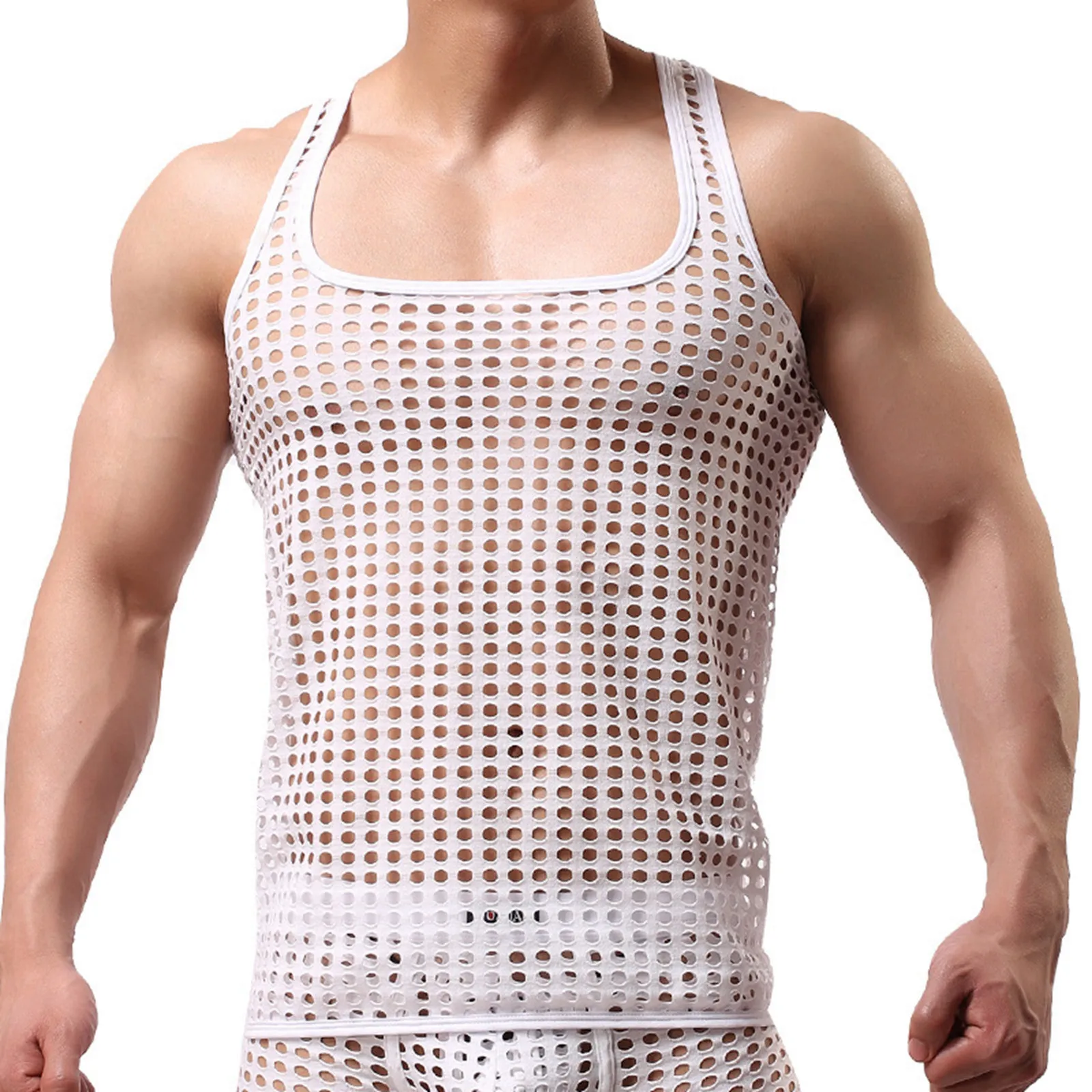 Men Mesh See-Through Sleepwear Tank Vest Tops Undershirt Fish Net Pure Color Hollow Out Sexy Underwear