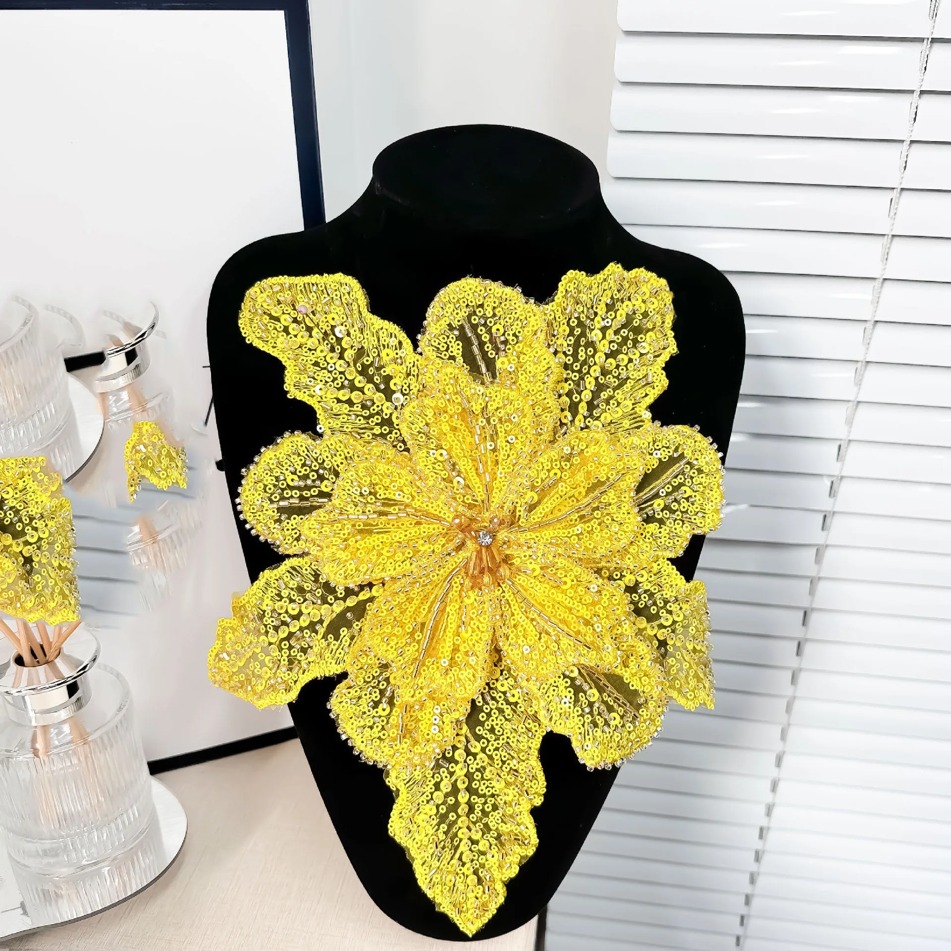 White Multi-layer Lace Sequin Studded 3D Flower Patch DIY Clothing Decorative Applique Sweater Coat Accessories