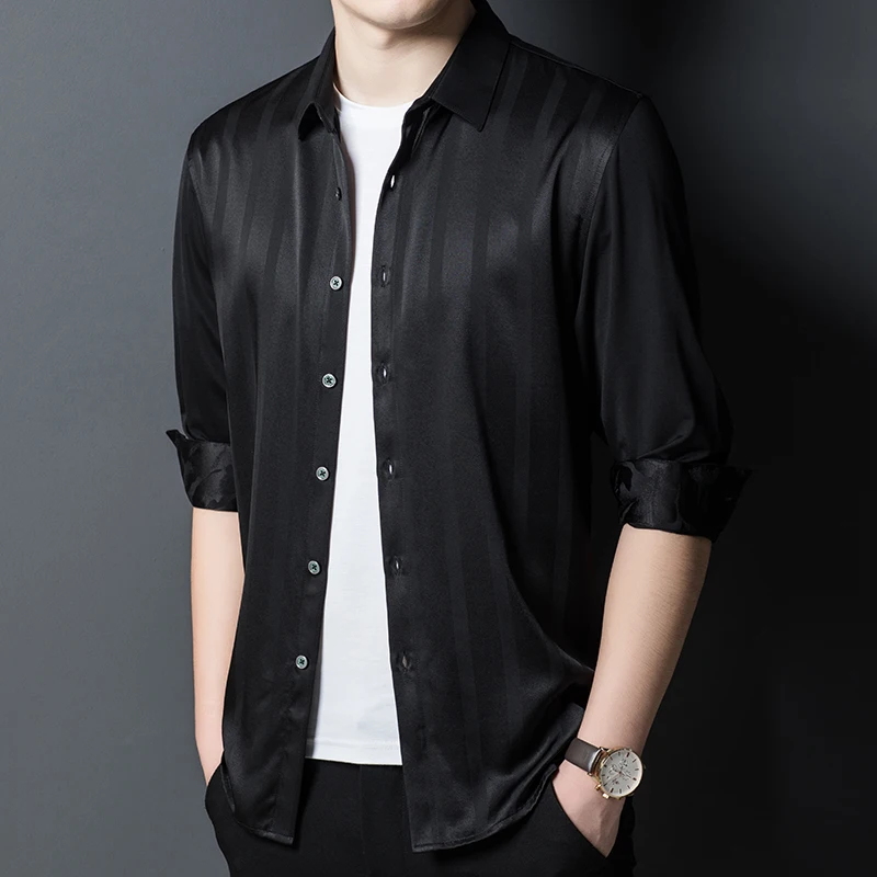 

Easy Care Elastic Shirts For Men Long Sleeve Silk Blends Classy Summer Quality Soft Comfortable Striped Casual Camisas De Hombre