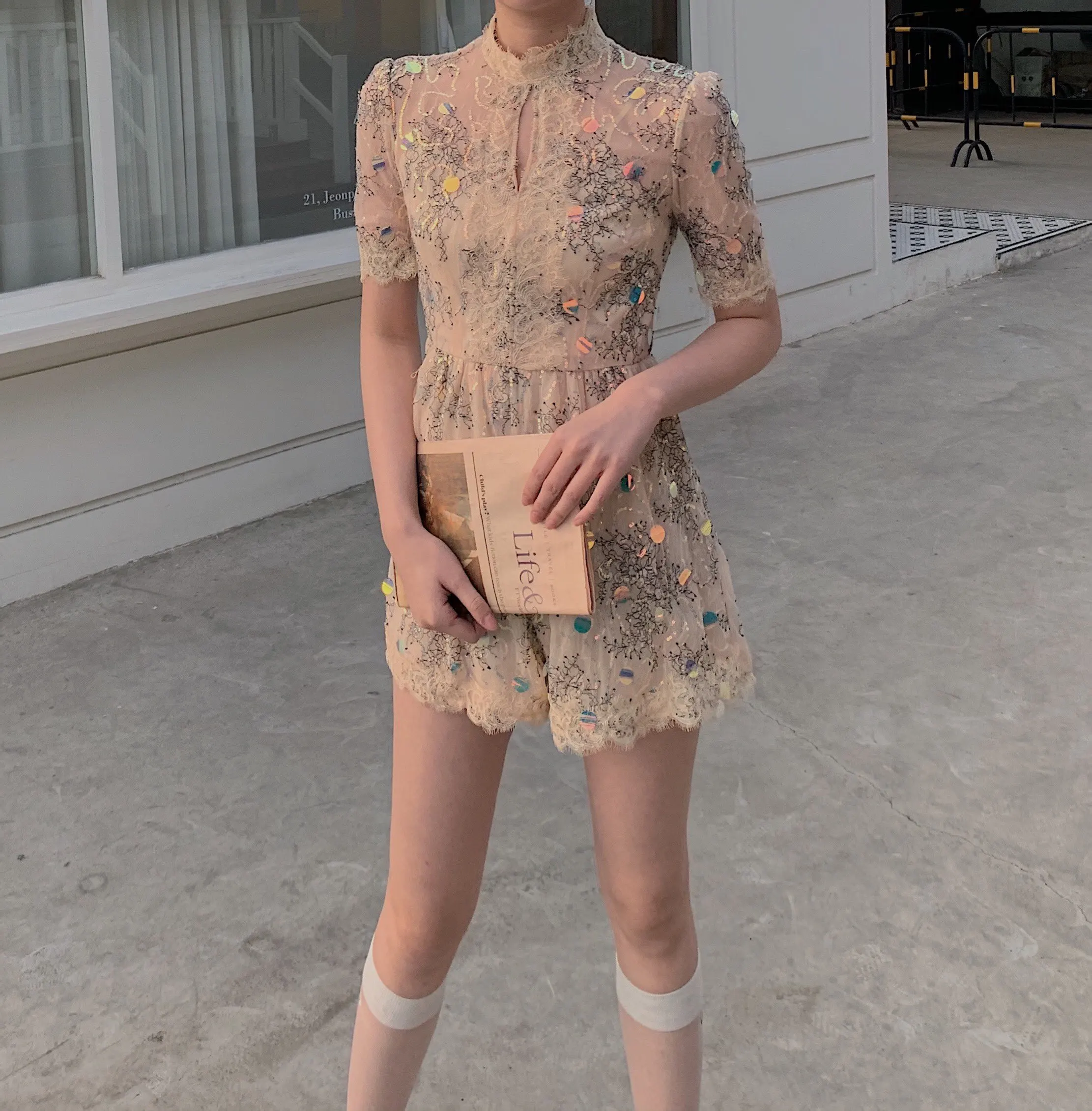 

Amor Fairy Sle Handmade Embroidered Heavy Lace ort Sve High Collar Pants Glittering Sequins Nude