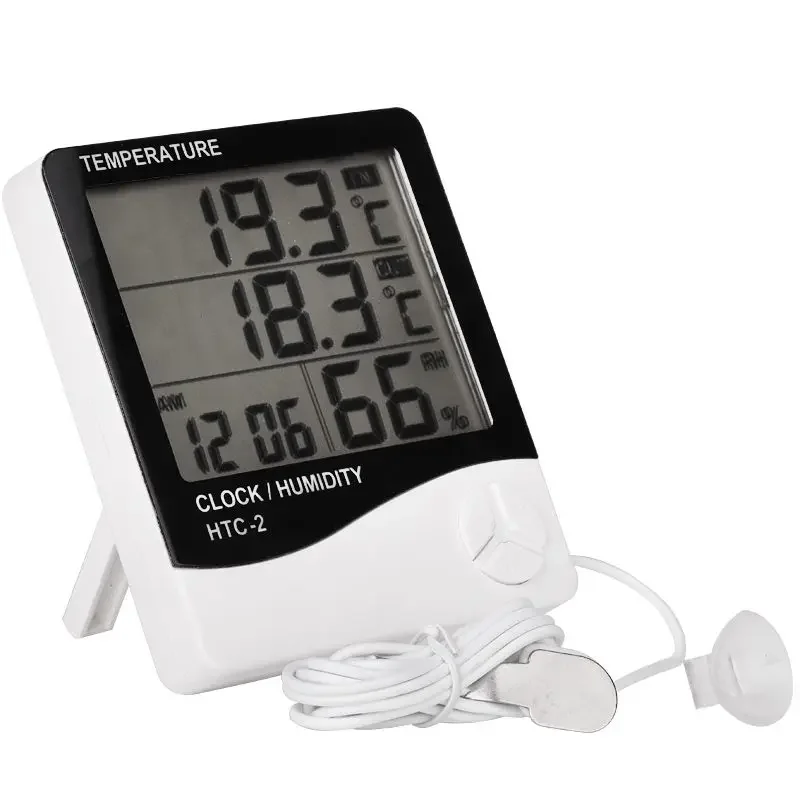 HTC-2 Indoor Room Digital Thermometer Hygrometer Electronic Humidity Temperature Meter Clock with External Outdoor Probe Sensor