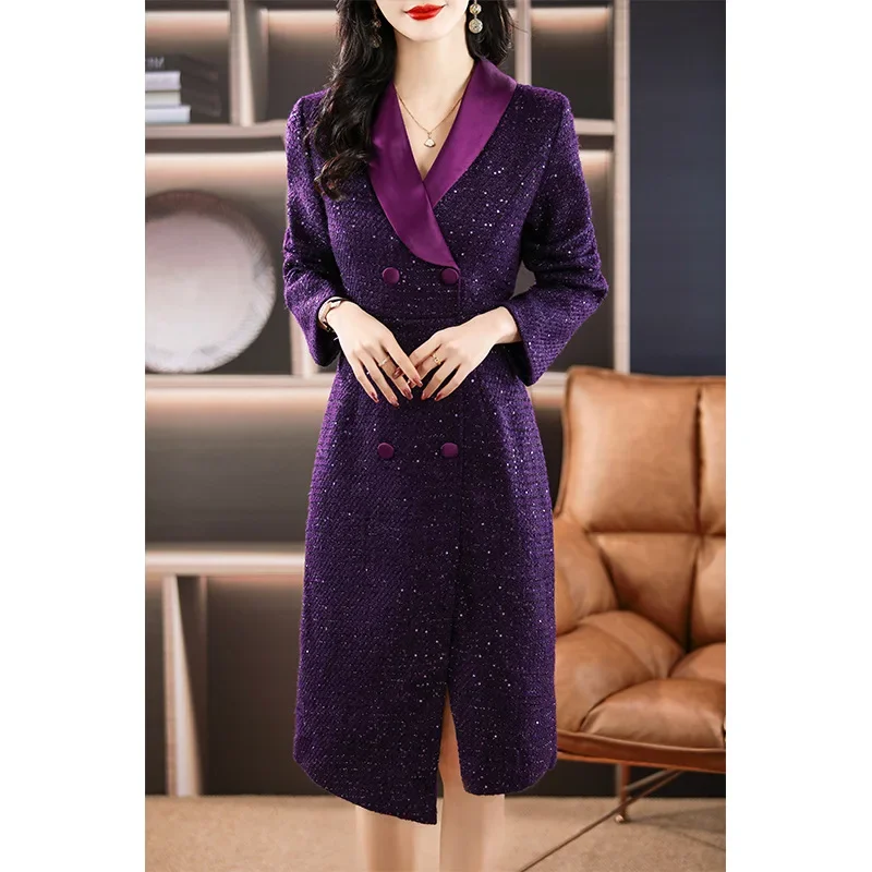 High-End Elegant Women's Winter Tweed Suit Dress Slimming Bodycon Skirt Bright Sequins Commuting Style Smooth Silhouette