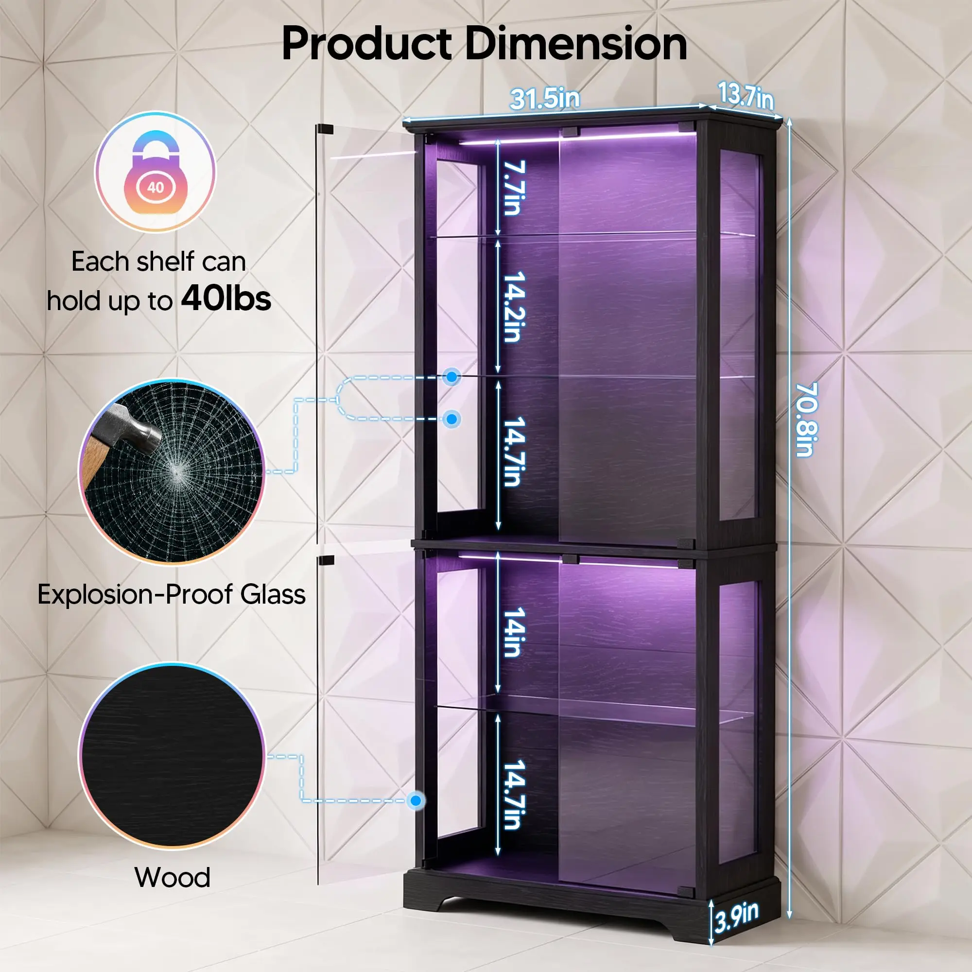 Display Cabinet with Glass Door, 5-Tier Display Case with RGB Lights