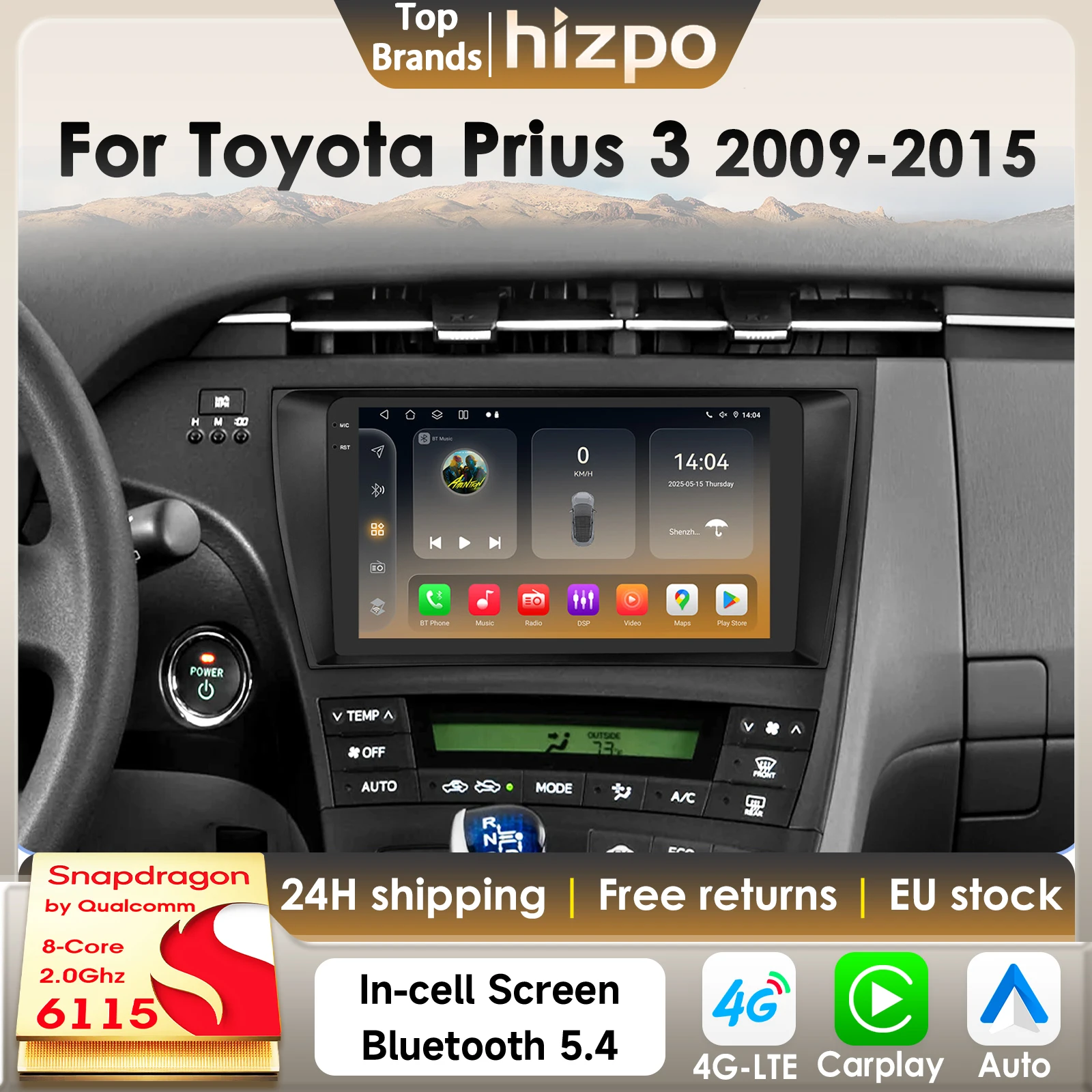 Hizpo Carplay Android Auto für Toyota Prius 3 2009 - 2015 Auto-Multimedia-GPS-Player 4G 2Din Stereo 360-Kamera mit Snapdragon6115