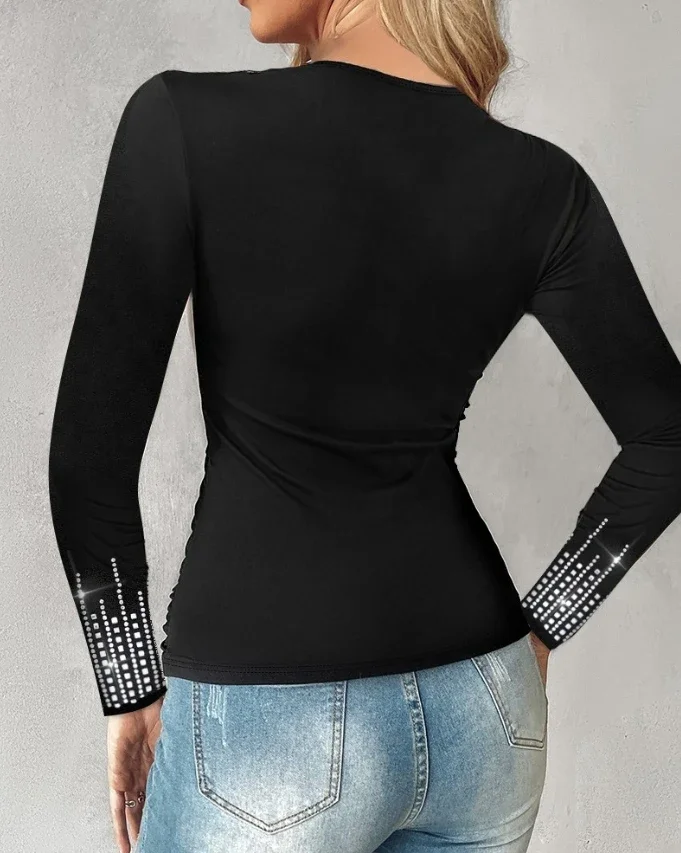 Blouses Shirt Casual Rhinestone Decor Ruched V-Neck Top New Fashion Sexy Elegant Versatile T-Shirt Pullover Y2k 2024 Autumn